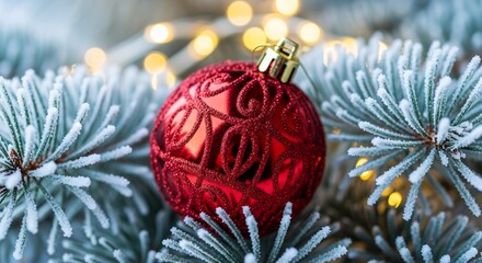 Traditional Christmas Decoration: Macro View of Red Sphere Ornament and Golden Bokeh Effect