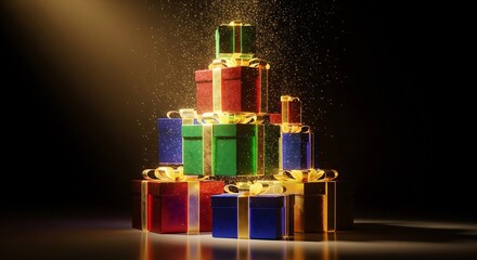 Holiday Shopping: Abstract Stacked Gifts in Vivid Colors Under Gold Particle Rain