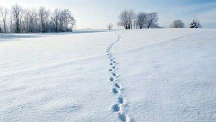 Snowy Landscape With Footprints Leading Towards Frosted Trees Under Bright Sunlight