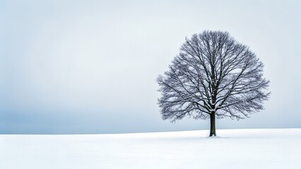 Fototapeta premium Solitary Snow Covered Tree Stands Against A Muted Blue Sky Over A White Snowy Field