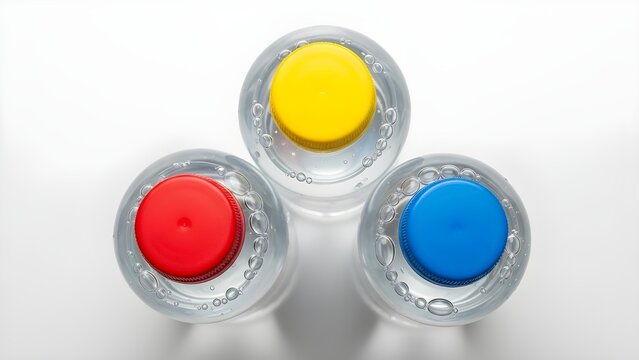 3D Plastic Bottle Icons: Top View of Three Water Bottles with Colorful Red Yellow Blue Caps and Bubbles