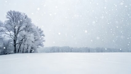 Fototapeta premium Winter Landscape Gentle Snowfall Over Frost Covered Trees And Snowy Field