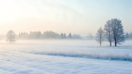 Obraz premium Winter Landscape with Frost Covered Trees and Soft Morning Light Across a Snowy Field