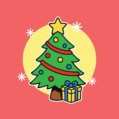 Cartoon of a Christmas tree with a star ornaments tinsel gift and snowflakes