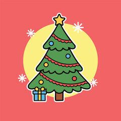 A decorated Christmas tree with ornaments a star on top and a gift set against a red background