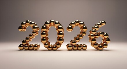 New Year 2026 Numbers Formed by Shiny Golden Spheres on Light Studio Background