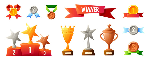 Colorful trophies, medals, and ribbons in various designs. Includes first, second, and third place podiums. Represents achievement and competition.
