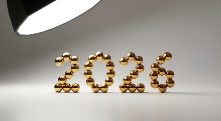 Luxurious 2026 Greeting: 3D Numbers Constructed from Small Metallic Gold Baubles