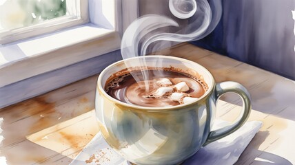 Steaming cup of hot chocolate with marshmallows by a sunny window
