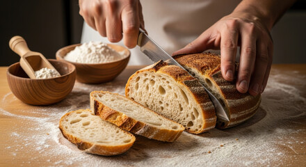 Hands slicing freshly baked sourdough bread with flour