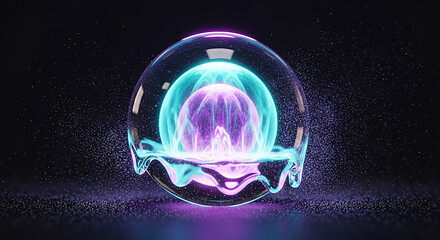 Abstract glowing egg shaped object with neon lights and liquid effects on dark background