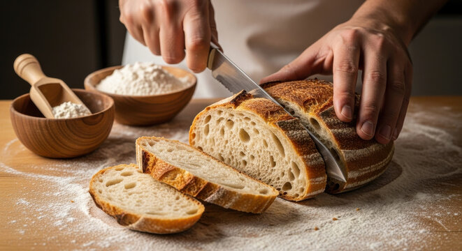 Hands slicing freshly baked sourdough bread with flour
