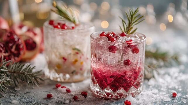Two refreshing cocktails featuring pomegranate and rosemary are presented in stylish glasses. The drinks are set on a winter themed table surrounded by decorative snow and shimmering lights.