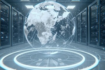 Futuristic Data Center with Digital World Map and Technological Elements - Powered by Adobe