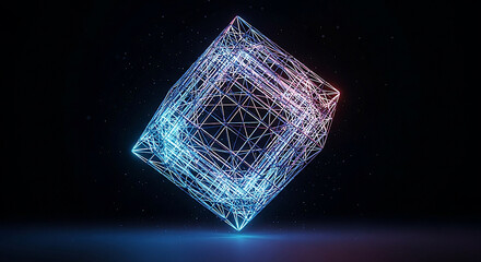 Abstract glowing geometric crystal structure with neon blue and pink light on black background