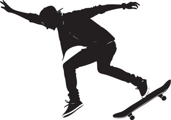 Dynamic Skateboarder Silhouette: A silhouette captures the fluid motion of a skateboarder executing a daring trick, set against a stark backdrop, highlighting the skater's skill and urban edge.