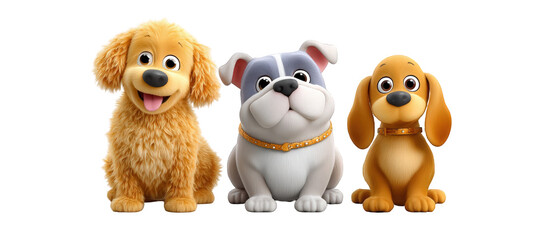 Obraz premium Three cartoon dogs of different breeds and colors, smiling together against a transparent background