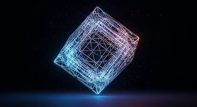 Abstract glowing geometric crystal structure with neon blue and pink light on black background - Powered by Adobe