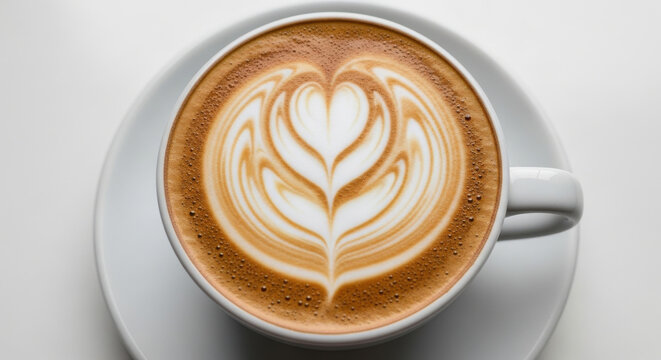 Overhead view of latte art coffee cup on white saucer