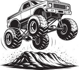 Vintage monster truck jumping over obstacle vector monochrome concept illustration © Mokbul
