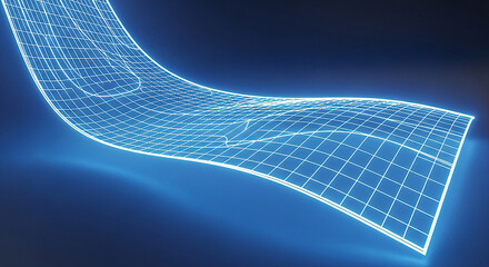 Abstract flowing blue digital grid wave with glowing lines on dark background