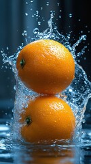 Vibrant Freshness Two Juicy Oranges Splashing in Cool Water, Perfect for Healthy Lifestyle and Beverage Marketing