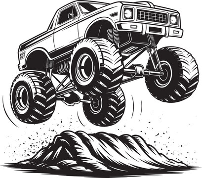 Vintage monster truck jumping over obstacle vector monochrome concept illustration