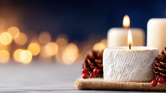 Cozy Christmas candle with pine cones and warm bokeh lights background - Powered by Adobe