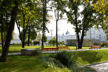 A beautiful tile path in Zaryadye Park in Moscow  in summer