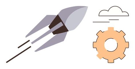 Rocket soaring, gear symbolizing process, and cloud evoking aspiration. Ideal for innovation, technology, startups, progress, development creativity and ambition concepts. A simple flat metaphor