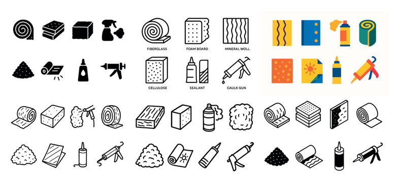 Insulation materials and tools icons