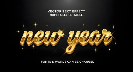 Golden new year text effect, fully editable vector design with sparkling elements on a dark background, ideal for holiday greetings and festive celebrations