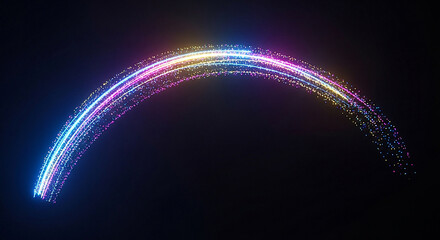 Abstract rainbow colored light streak with glittering particles on dark background