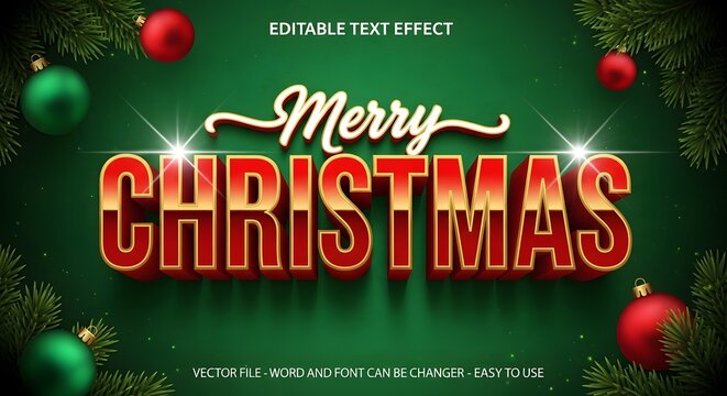 Merry christmas elegant 3d editable text effect on a festive green background with sparkling ornaments and pine branches, perfect for holiday greetings and designs