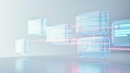 Conceptual representation of data flow using translucent blocks and glowing lines for network