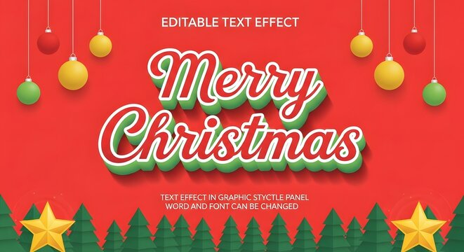 Festive red background with a merry christmas editable text effect, adorned with colorful hanging ornaments, green pine trees, and golden stars, ideal for holiday greetings - Powered by Adobe