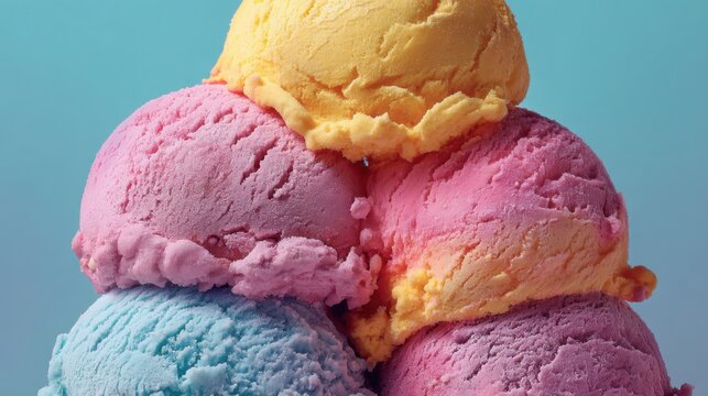 Bright and vibrant scoops of ice cream in various flavors are stacked neatly creating an appealing display. The soft pastel colors evoke a sense of summer fun and happiness.