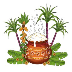 Vibrant Pongal Harvest Festival Celebration: Traditional Clay Pot Overflowing with Rice, Sugarcane, and Marigolds