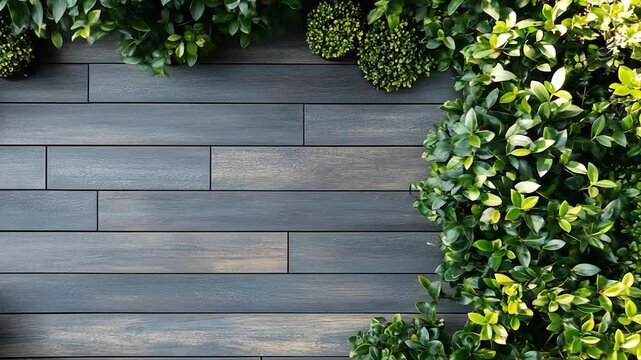 A wooden deck with green foliage, creating a visually pleasing contrast with natural wood grain