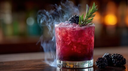 A refreshing cocktail made with blackberries and garnished with rosemary sits on a polished wooden bar. Smoke curls around the glass adding to its allure in the dimly lit space of an upscale bar.