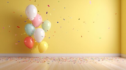 Bright balloons in various colors float against a vibrant yellow wall while colorful confetti decorates the wooden floor creating a joyful atmosphere for a party.