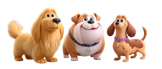 Naklejka premium Three cartoon dogs of different breeds posing together in a cheerful setting with vibrant colors