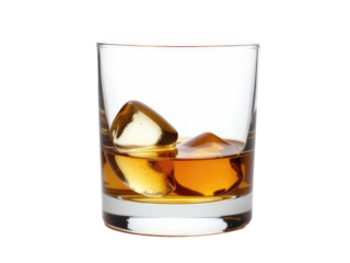 A glass filled with whiskey and ice cubes
