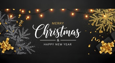 Merry christmas and happy new year elegant banner with sparkling black tree, golden snowflake, gift boxes, and string lights on a dark background