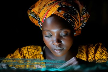Bright colors and craft skills shine as a woman weaves fabric in a cozy workshop during evening hours
