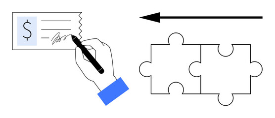 Financial transaction process. A hand signing a check payment, paired with puzzle pieces collaboration. Financial transaction supports teamwork and efficiency. For business, banking, cooperation