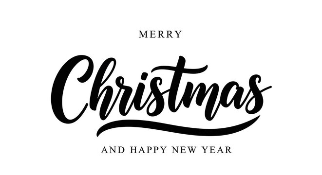 Elegant black calligraphic merry christmas and happy new year lettering, ideal for holiday greetings and festive designs, isolated on white background