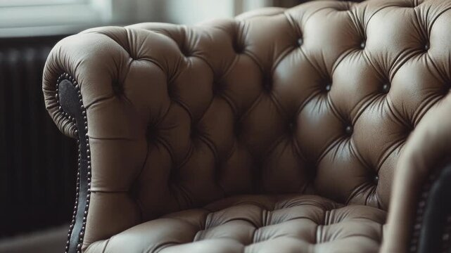 Video A single brown leather chair is placed in front of a window, offering a comfortable seating area with natural light