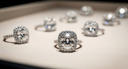 Luxury Diamond Rings Displayed in Elegant Jewelry Showcase &ndash; Sparkling Engagement Rings with Brilliant-Cut Stones Under Soft Lighting for Wedding, Fashion, and Luxury Concepts