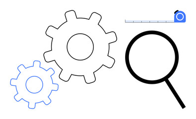 Interlocking gears, magnifying glass, and tape measure highlight problem-solving, analysis, and measurement. Ideal for innovation, engineering, research, productivity development efficiency